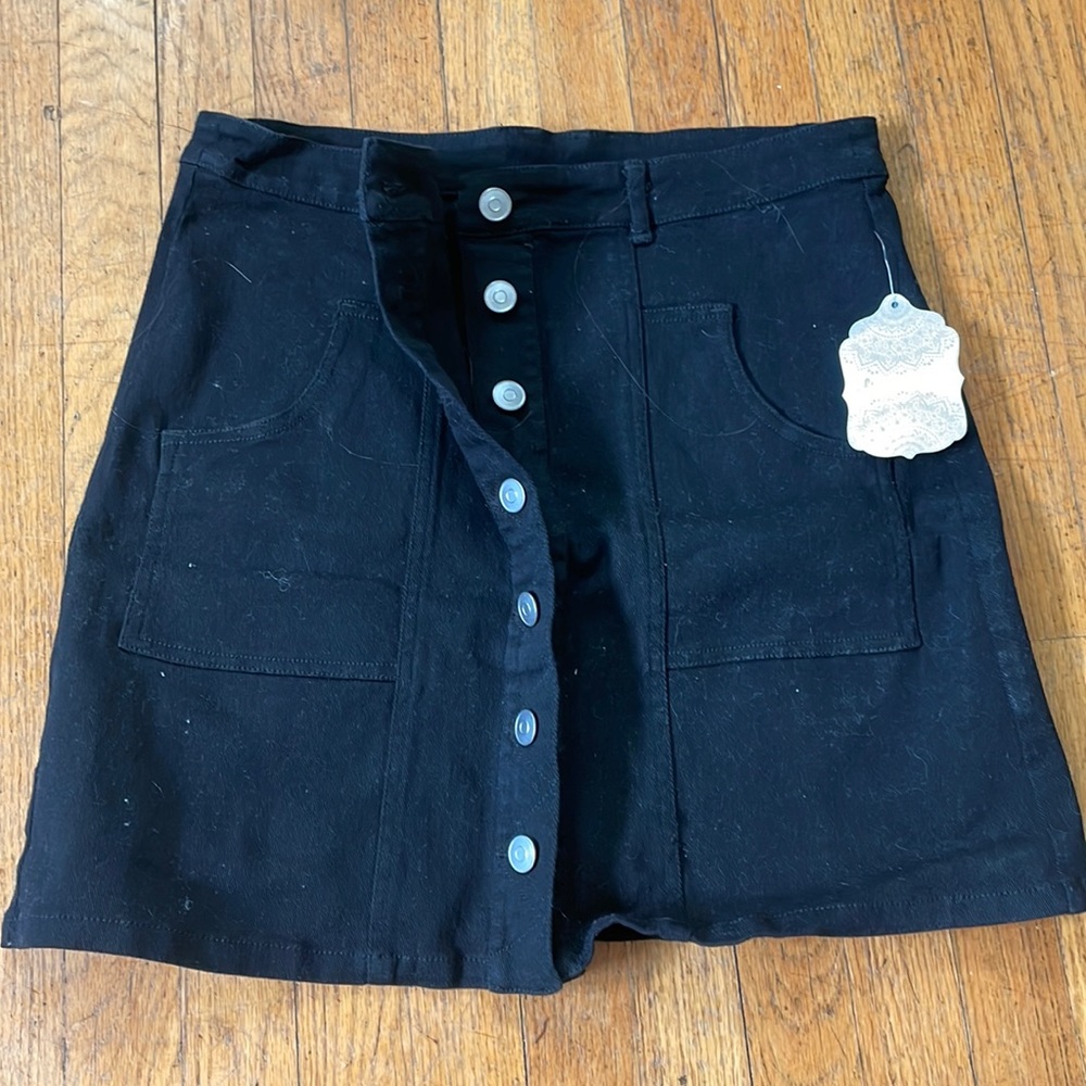 Black denim button up skirt